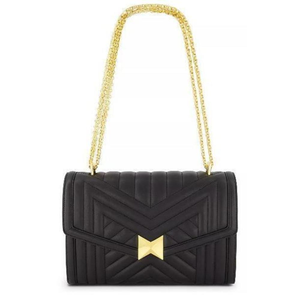 Mac Duggal Quilted Black Leather Handbag Gold Accents One Size Rtl: $398